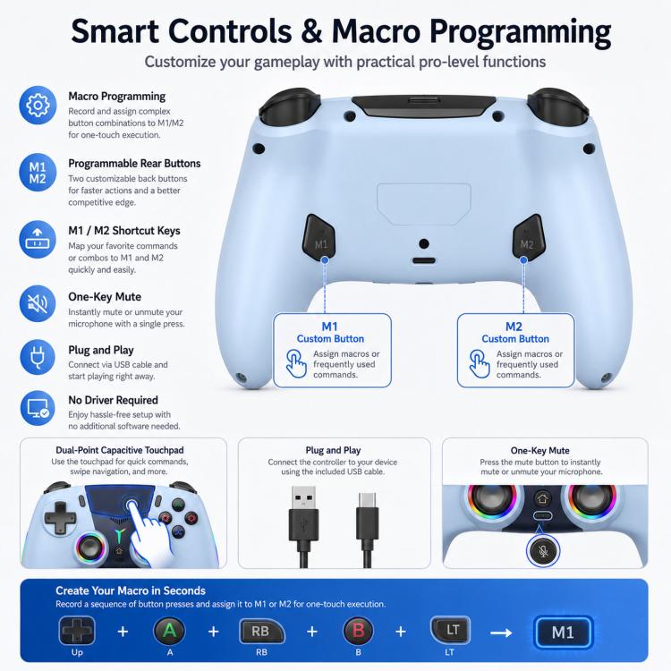 Controller wireless per PS5, gamepad Bluetooth con luce RGB, effetto Hall Joy, pulsante macro posteriore.