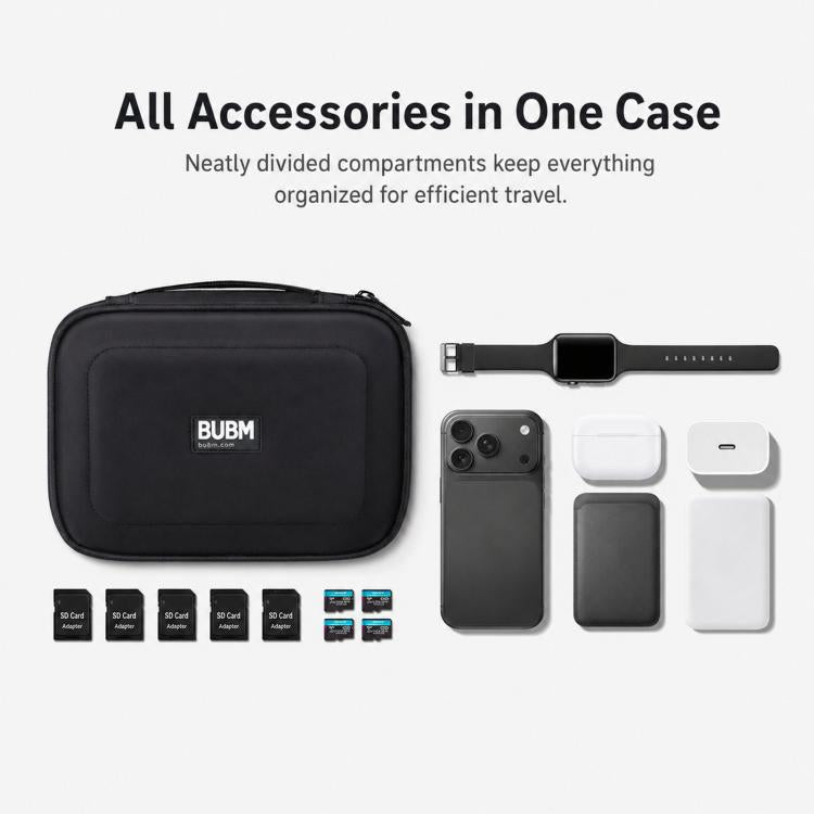 Set BUBM DRS da 3 pezzi: organizer elettronico, borsa da viaggio per cavi, custodia impermeabile per accessori.