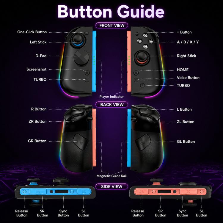 Per Nintendo Switch, 2 controller magnetici sinistro + destro, joystick a 9 assi RGB con sensore di movimento ed effetto Hall, Bluetooth 5.4, funzione di riattivazione e fuoco a raffica.
