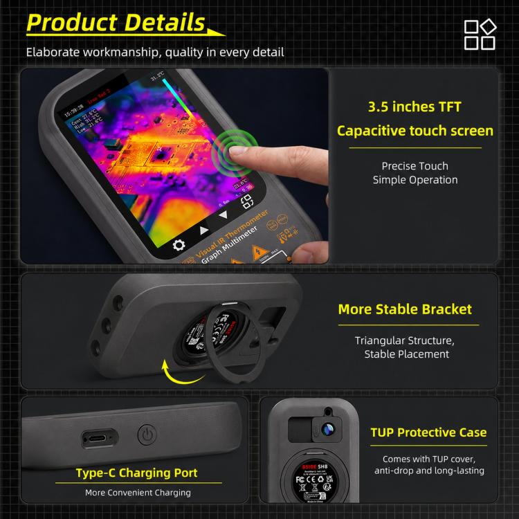 Multimetro a infrarossi HD touchscreen BSIDE SH8 2 in 1 con termocamera e display touchscreen., SH8