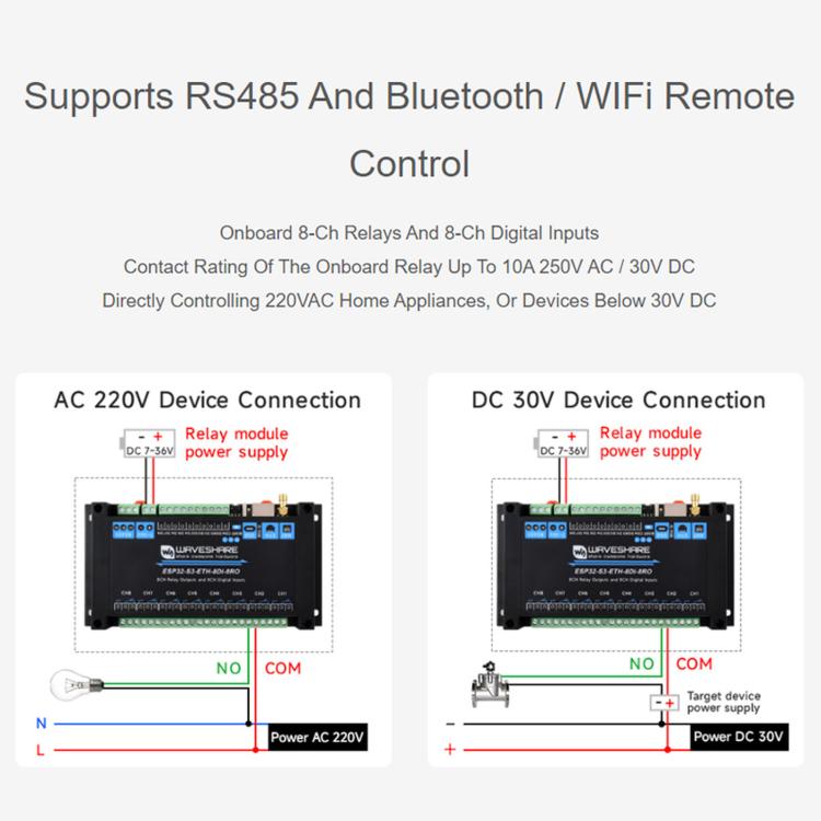 Scheda di controllo industriale Waveshare ESP32-S3 con relè di rete Wi-Fi a 8 canali, Standard Network Port, PoE Port