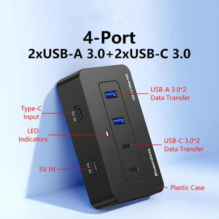 Hub USB 3.0 a 4 porte Blueendless, 2 USB-A & 2 USB-C 1m 2-in-1 Cable, 2 USB-A & 2 USB-C 0.3m USB Cable, With 1m 2-in-1 Cable, With 0.3m USB Cable