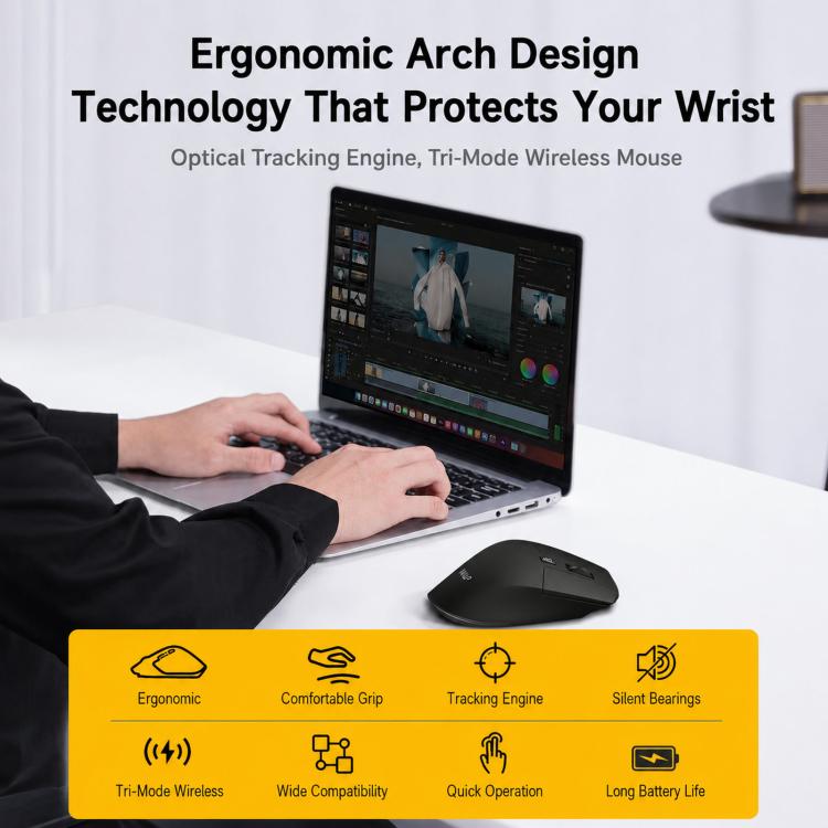 Mouse ergonomico wireless W&P M-WB2 con tripla modalità Bluetooth e 2.4G, silenzioso.