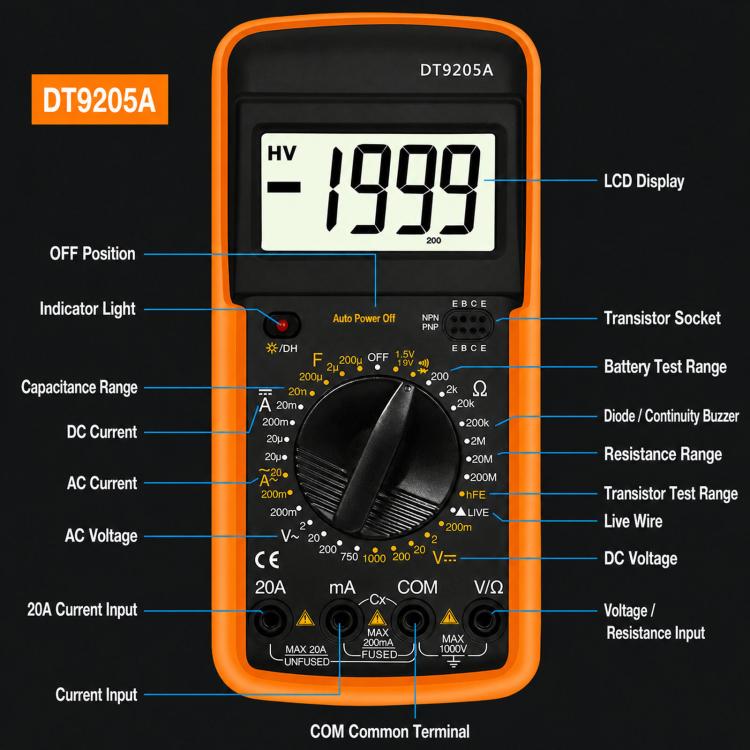 DT9205A Multimetro digitale intelligente con display digitale, tester di corrente e tensione., DT9205A