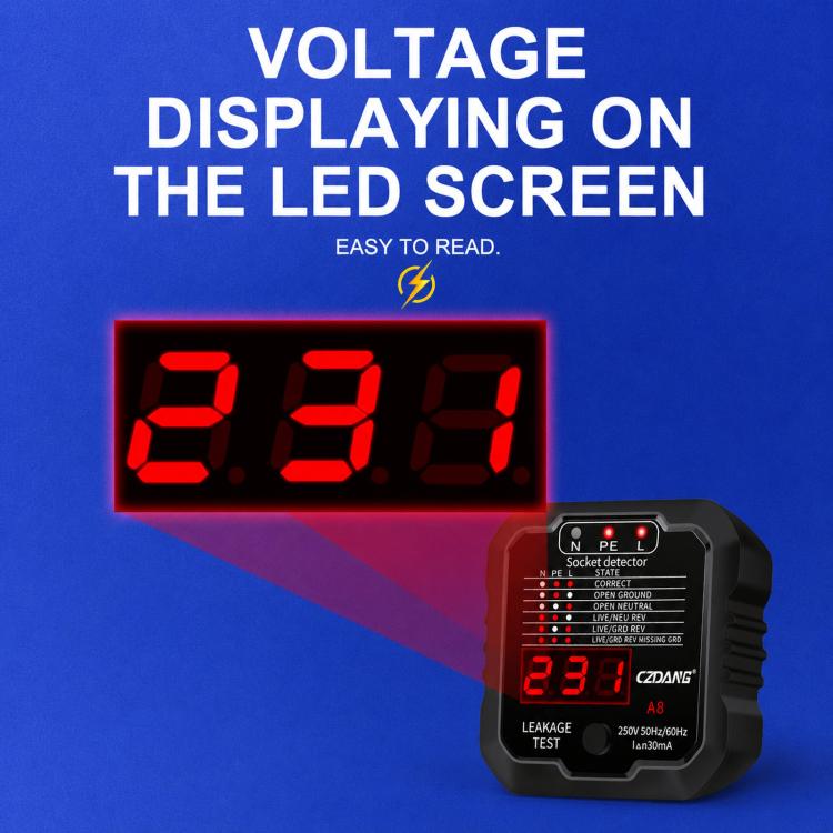CZDANG A8 Tester di dispersione presa Rilevatore di polarità filo sotto tensione terra neutro e terra, EU Plug, UK Plug, US Plug