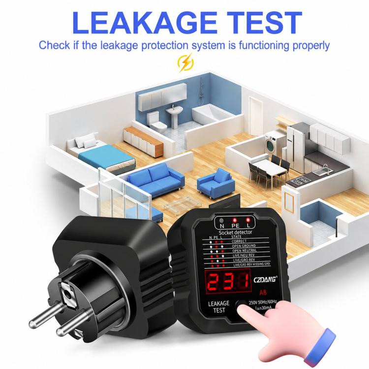 CZDANG A8 Tester di dispersione presa Rilevatore di polarità filo sotto tensione terra neutro e terra, EU Plug, UK Plug, US Plug