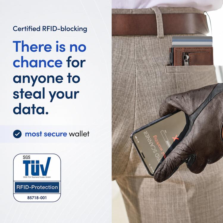 Porta carte di credito a scomparsa con cerniera e protezione RFID per AirTag di seconda generazione / AirTag di prima generazione.