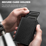 Portafoglio pop-up con protezione RFID, portamonete e porta carte di credito sottile in pelle effetto fibra di carbonio.