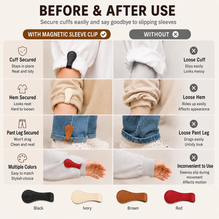 1 paio di clip magnetiche per orlo dei pantaloni, senza cuciture, ferma-maniche in pelle, ferma-polsini, accessorio per evitare che i pantaloni si trascinino, per camicie, jeans e pantaloni.