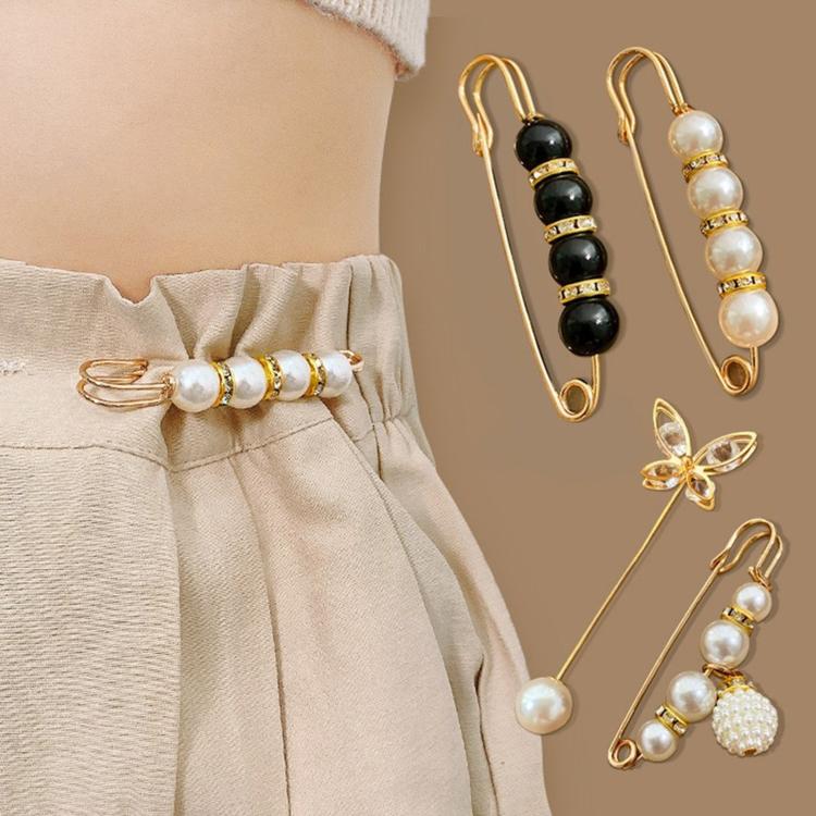 Confezione da 2 spille di sicurezza con perle, clip stringivita regolabili senza cuciture per pantaloni, spille riduttrici., 5.5cm Black, 5.5cm White, 7.5cm Black, 7.5cm White