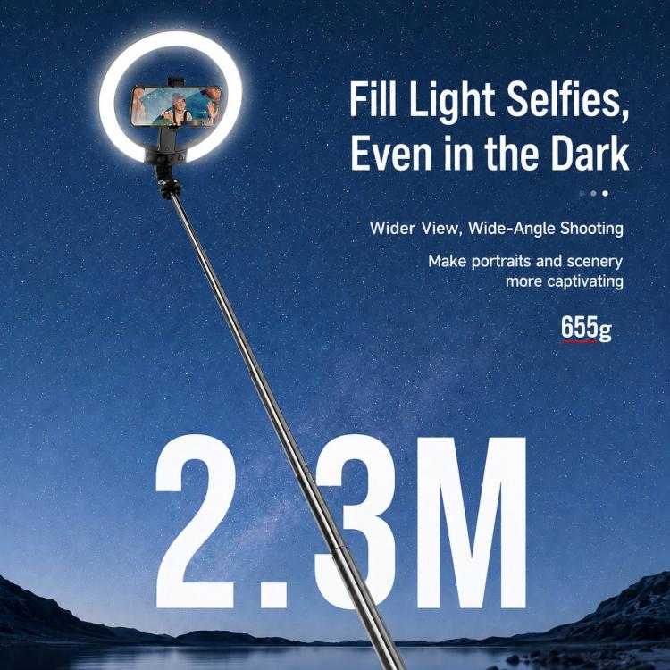 Asta per selfie da pavimento da 2,3 m con luce di riempimento per streaming live per cellulare, 3-Color Stainless Steel Tube, RGB Stainless Steel Tube, 3-Color Aluminum Alloy Tube, RGB Aluminum Alloy Tube