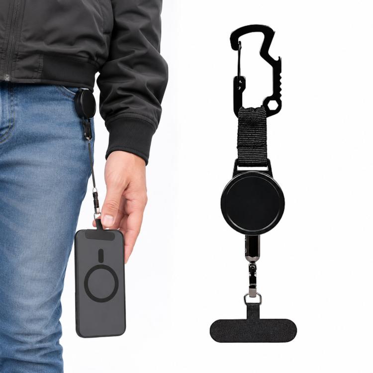 Portabadge retrattile resistente con linguetta per laccetto da telefono e gancio apribottiglie tipo D, 53723