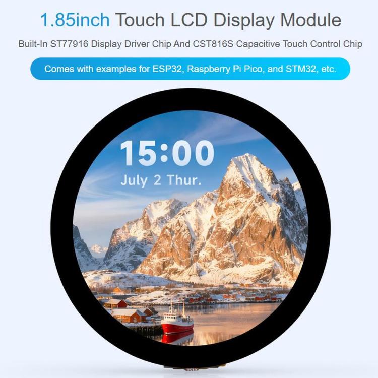 Modulo display LCD touch da 1,85 pollici, risoluzione 360 x 360, 262.000 colori, comunicazione QSPI e I2C, chip driver display ST77916 e chip di controllo touch CST816S integrati., 35079