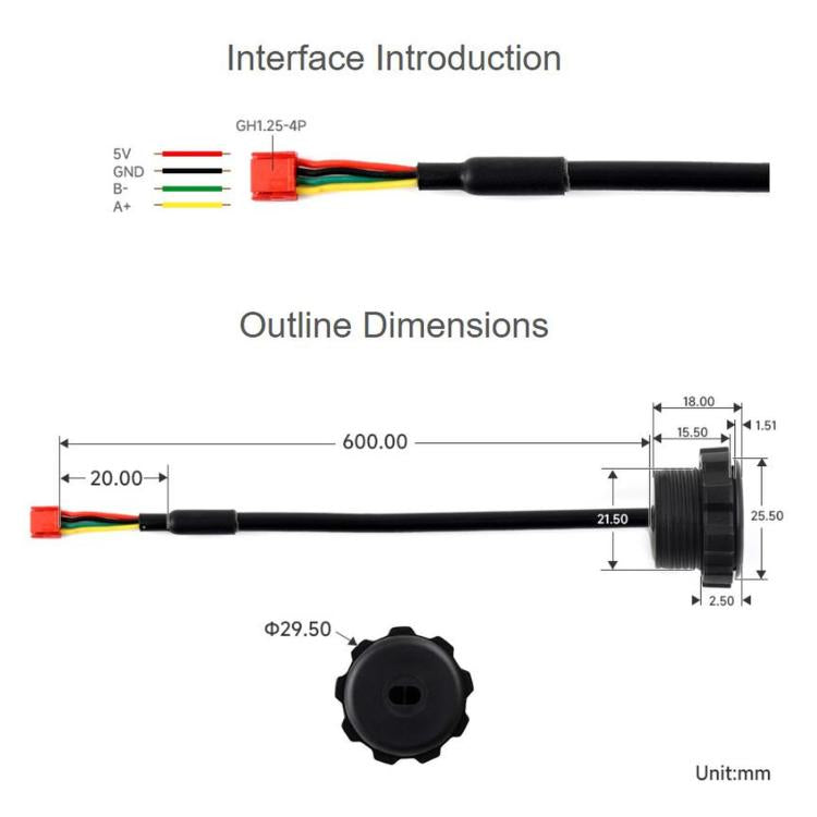 Sensore di distanza laser WAVESHARE TOF MINIS, basato sulla tecnologia Time-of-Flight (TOF), con controller e algoritmo di misurazione della distanza integrati e supporto per la comunicazione RS485., 35108