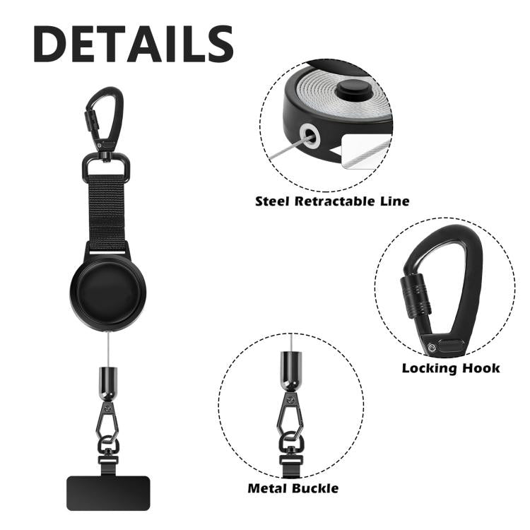 Cordino per cellulare retrattile resistente con linguetta di fissaggio, cordino in acciaio con moschettone di sicurezza., 67829 Laser, 67829 Black