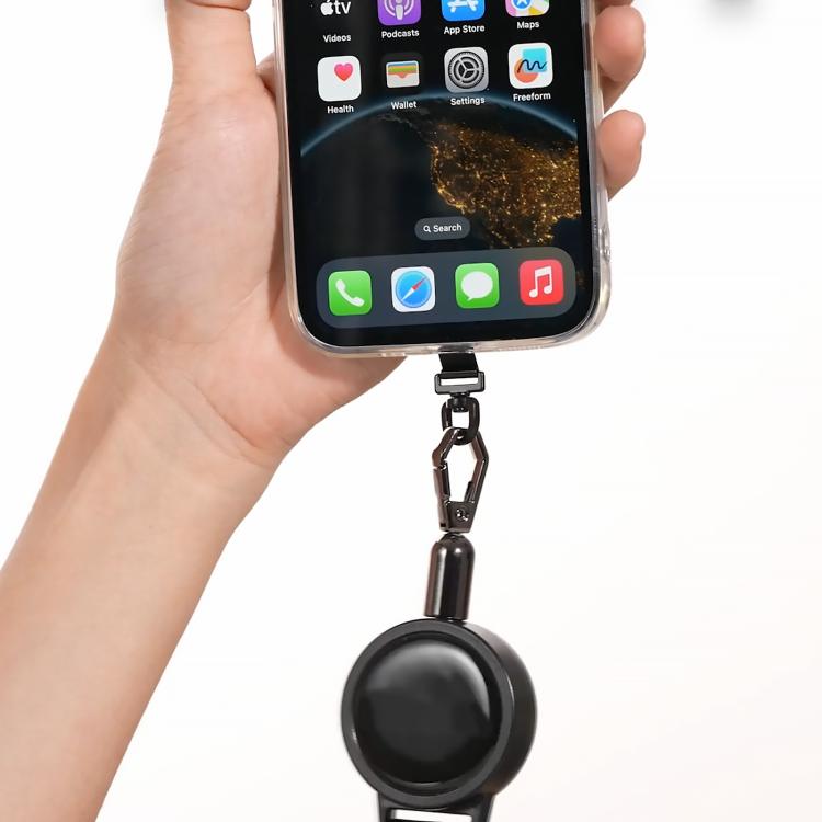 Cordino per cellulare retrattile resistente con linguetta di fissaggio, cordino in acciaio con moschettone di sicurezza., 67829 Laser, 67829 Black