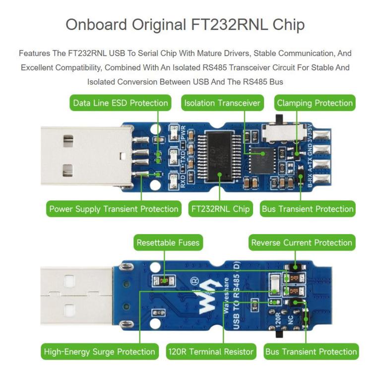 Convertitore bidirezionale isolato da USB a RS485 (D) di livello industriale WAVESHARE, lunghezza 2 m, chip FT232RNL, 35209