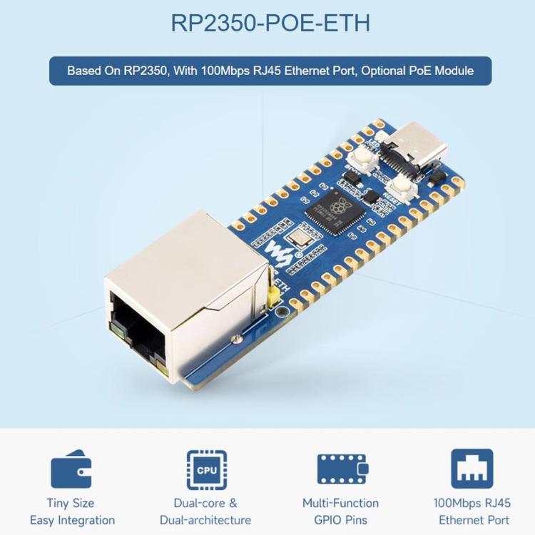 Scheda di sviluppo WAVESHARE RP2350, dual-core e doppia architettura, controller Ethernet W6300, supporta l'espansione PoE tramite un modulo PoE, No Soldered Pin Headers Without PoE Module, No Soldered Pin Headers With PoE Module                       ...