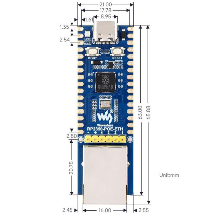 Scheda di sviluppo WAVESHARE RP2350, dual-core e doppia architettura, controller Ethernet W6300, supporta l'espansione PoE tramite un modulo PoE, No Soldered Pin Headers Without PoE Module, No Soldered Pin Headers With PoE Module                       ...