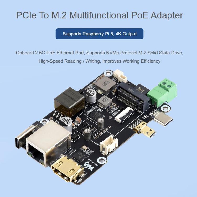 Adattatore multifunzione WAVESHARE da PCIe a M.2, uscita 4K, controller Ethernet RTL8125 2.5GbE originale, compatibile con Raspberry Pi OS, 35254