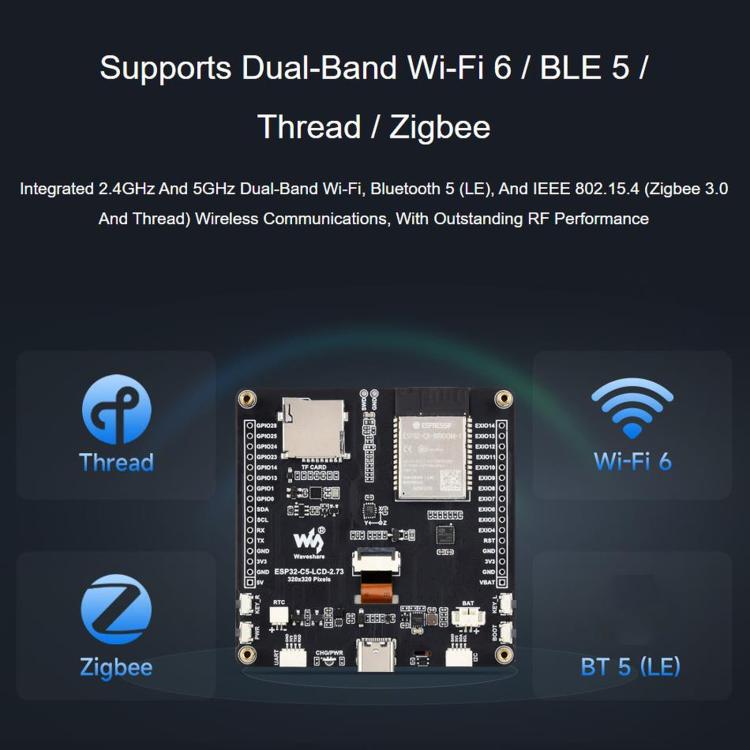 Scheda di sviluppo WAVESHARE ESP32-C5 con display LCD da 2,73 pollici, processore RISC-V a 32 bit, supporto Wi-Fi dual-band 2,4 GHz / 5 GHz e Bluetooth 5, 35225