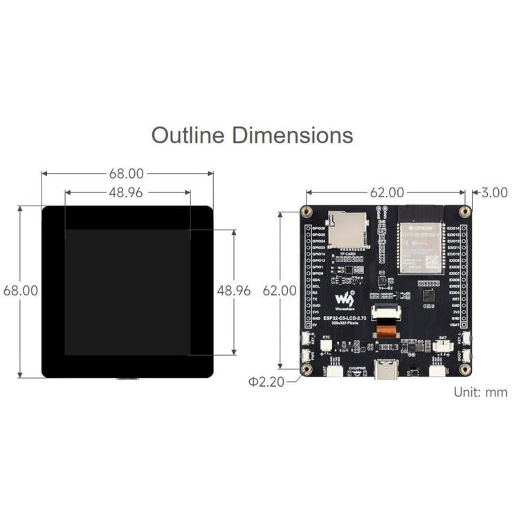 Scheda di sviluppo WAVESHARE ESP32-C5 con display LCD da 2,73 pollici, processore RISC-V a 32 bit, supporto Wi-Fi dual-band 2,4 GHz / 5 GHz e Bluetooth 5, 35225