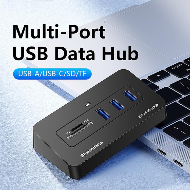 Hub Blueendless a 5 porte con 3 porte USB 3.0 e lettore di schede SD e TF., With 1m 2-in-1 USB-C/A Cable, With 0.3m USB Cable