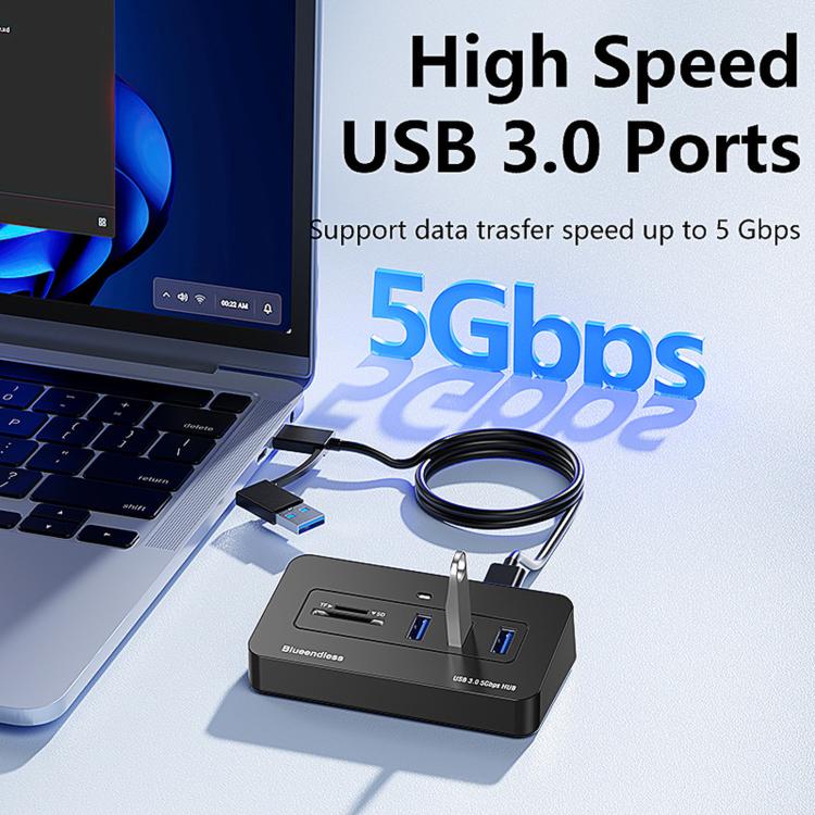 Hub Blueendless a 5 porte con 3 porte USB 3.0 e lettore di schede SD e TF., With 1m 2-in-1 USB-C/A Cable, With 0.3m USB Cable