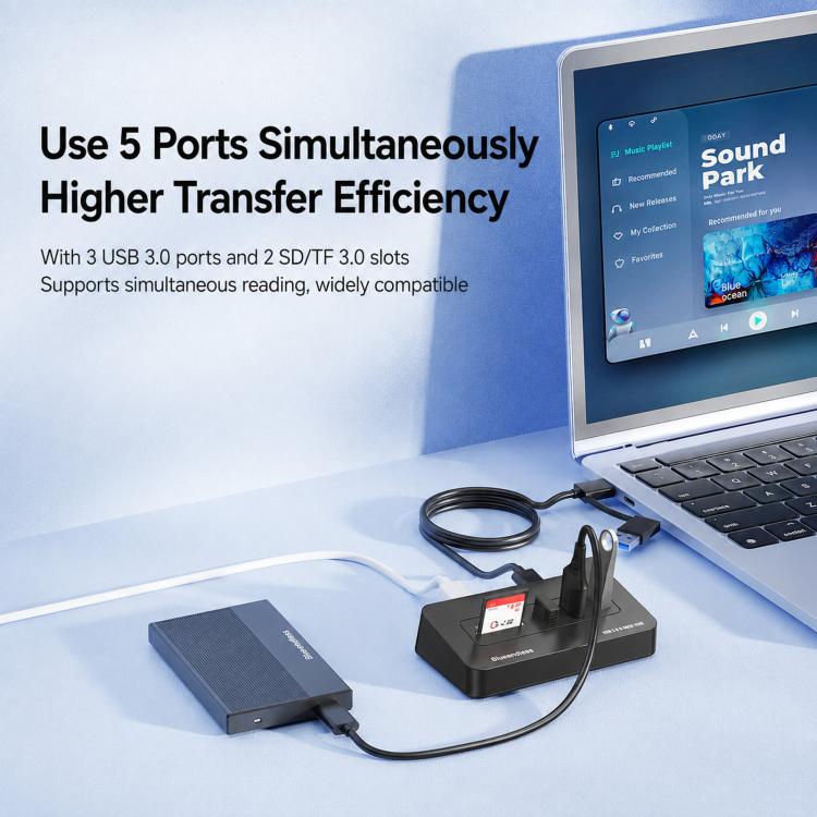 Hub Blueendless a 5 porte con 3 porte USB 3.0 e lettore di schede SD e TF., With 1m 2-in-1 USB-C/A Cable, With 0.3m USB Cable