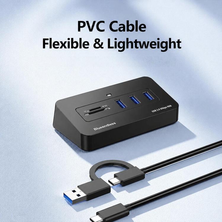 Hub Blueendless a 5 porte con 3 porte USB 3.0 e lettore di schede SD e TF., With 1m 2-in-1 USB-C/A Cable, With 0.3m USB Cable