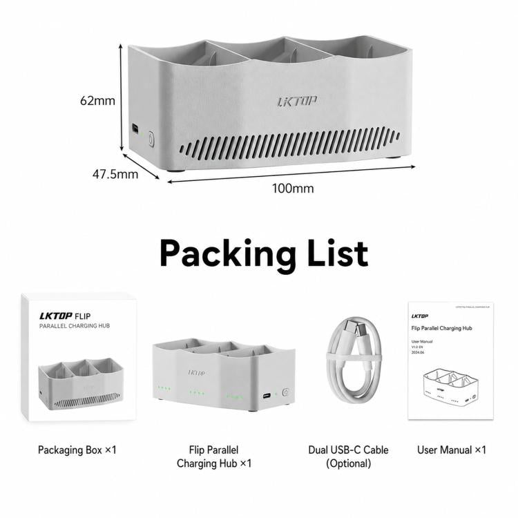 Hub di ricarica parallela LKTOP da 65 W per batterie DJI Mini 5 Pro / Mini 4 Pro / Mini 3 Pro, con 3 alloggiamenti per ricarica rapida simultanea., 65W 3-Bay