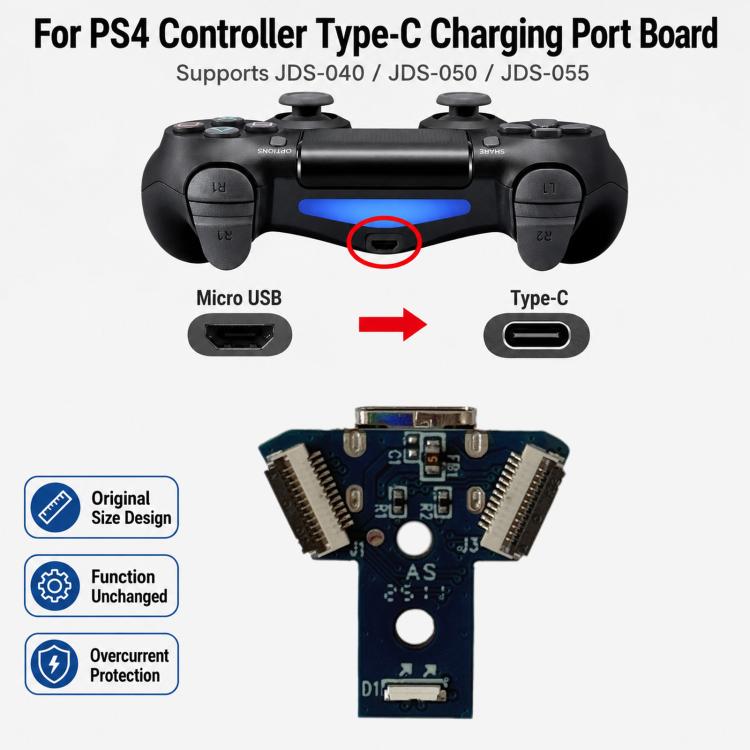 Kit di modifica per la riparazione della porta di ricarica USB-C/Type-C del controller PS4 (JDS-040/050/055), No Cable, with Cable