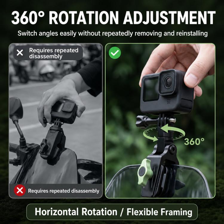 Supporto per telecamera da parabrezza per moto con rotazione a 360 gradi e clip di fissaggio per DJI, Insta360, GoPro e altre action camera.