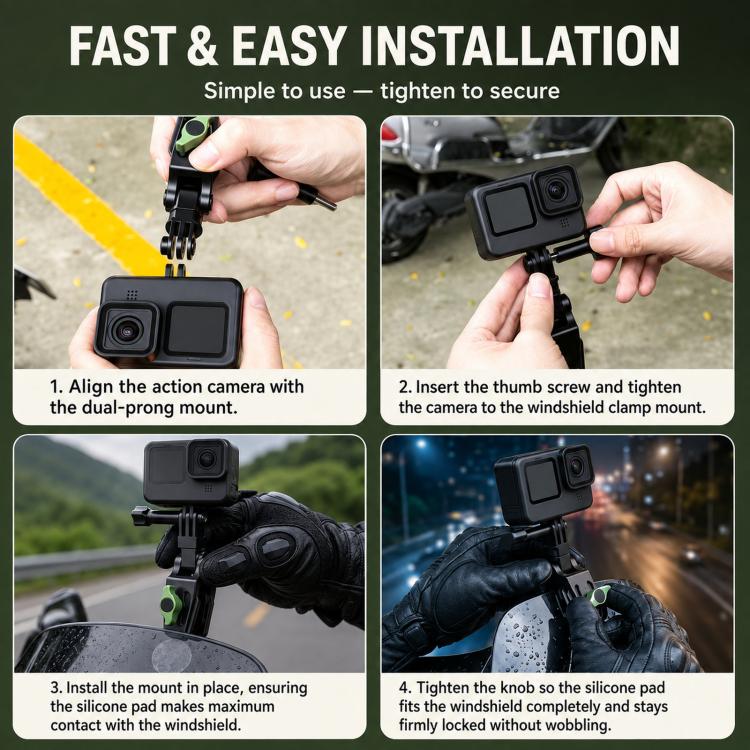 Supporto per telecamera da parabrezza per moto con rotazione a 360 gradi e clip di fissaggio per DJI, Insta360, GoPro e altre action camera.