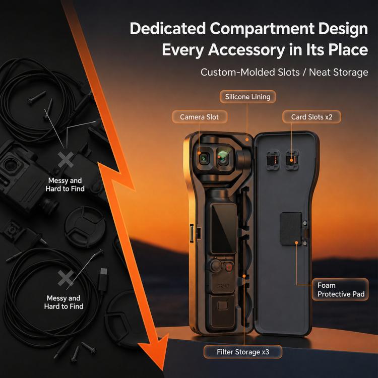 Custodia protettiva rigida per DJI Pocket 4P con 3 alloggiamenti per filtri e 2 porta schede SD.