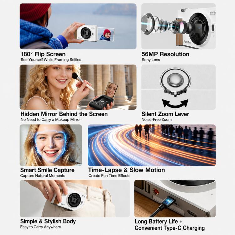 Fotocamera digitale F2 con schermo ribaltabile, sensore CCD retrò da 56 MP, registrazione video 2.7K, 8 filtri, modalità bellezza e autofocus.