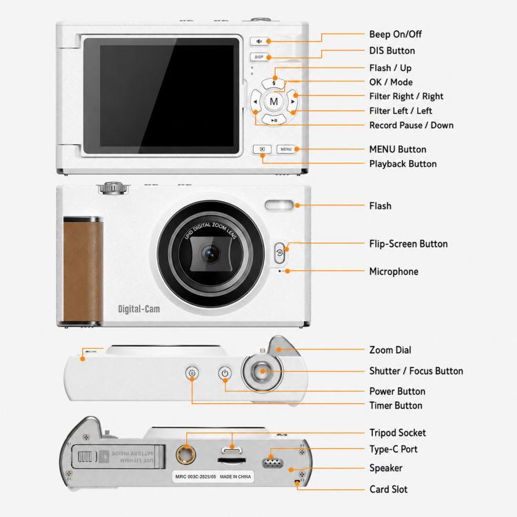 Fotocamera digitale F2 con schermo ribaltabile, sensore CCD retrò da 56 MP, registrazione video 2.7K, 8 filtri, modalità bellezza e autofocus.