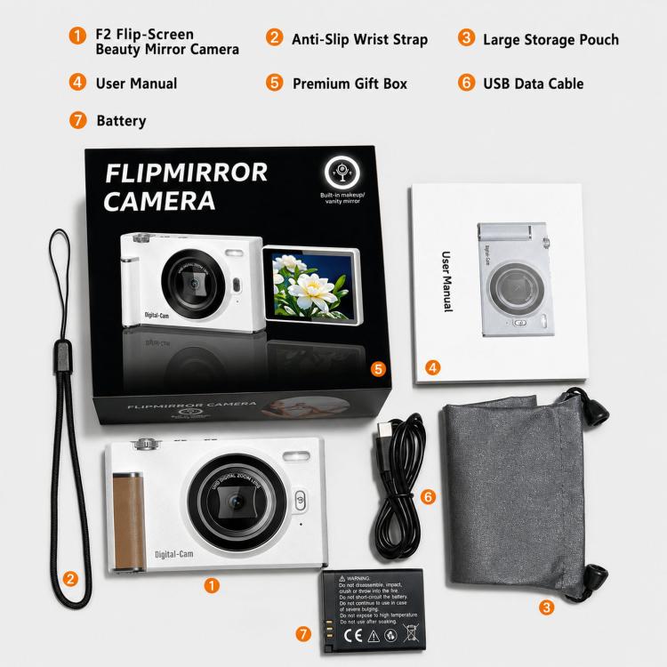 Fotocamera digitale F2 con schermo ribaltabile, sensore CCD retrò da 56 MP, registrazione video 2.7K, 8 filtri, modalità bellezza e autofocus.