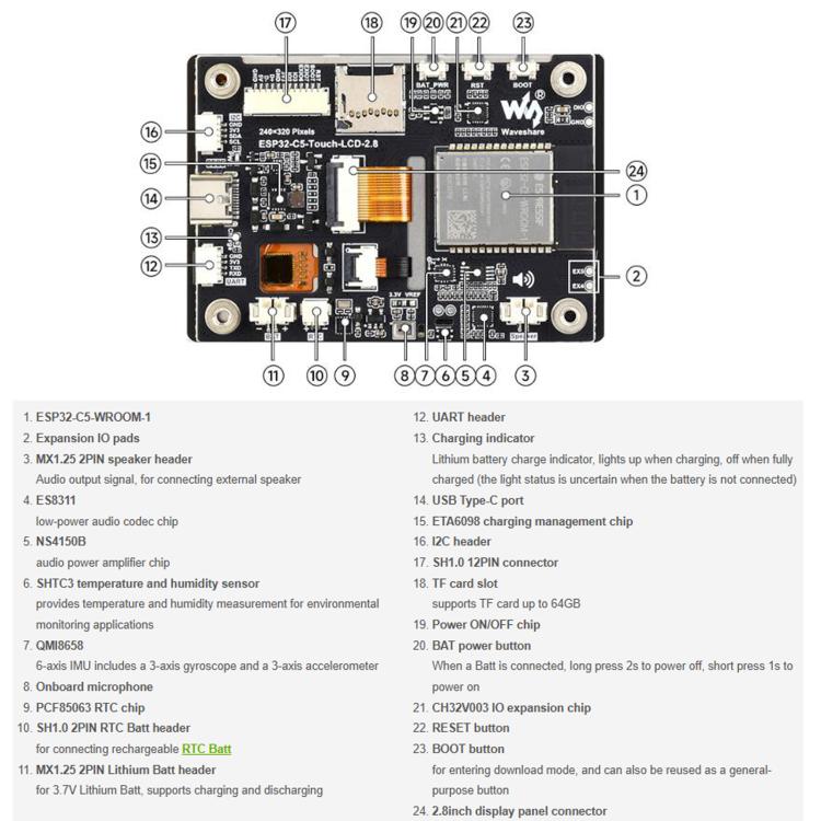 WAVESHARE 34958 ESP32-C5 Scheda di sviluppo con display touch capacitivo IPS da 2,8 pollici, Wi-Fi dual-band e Bluetooth 5 integrati, 34958