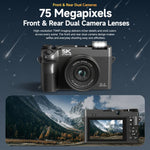 WD07 Doppia fotocamera anteriore e posteriore da 75 MP, Wi-Fi, fotocamera digitale HD, sensore CCD per selfie, videocamera mirrorless 5K