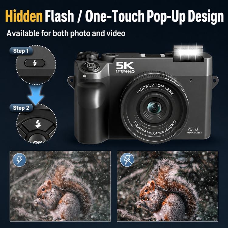 WD07 Doppia fotocamera anteriore e posteriore da 75 MP, Wi-Fi, fotocamera digitale HD, sensore CCD per selfie, videocamera mirrorless 5K