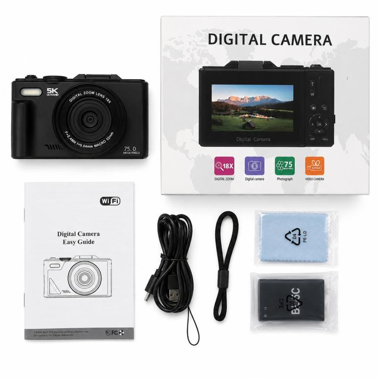 Videocamera digitale WD08 HD 5K con sensore CCD da 75 MP, Wi-Fi, autofocus e filtri bellezza.