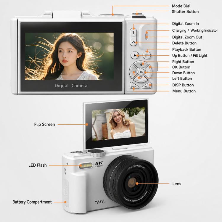 Videocamera digitale WD08 HD 5K con sensore CCD da 75 MP, Wi-Fi, autofocus e filtri bellezza.