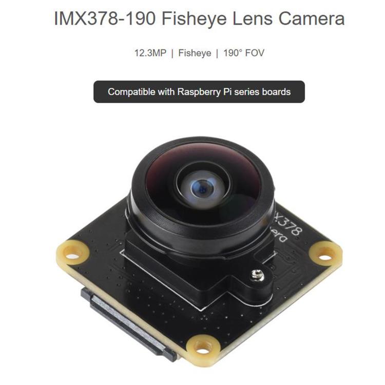 Fotocamera IMX378-190 da 12,3 MP con obiettivo fisheye, campo visivo di 190 gradi e otturatore rolling shutter per schede della serie Raspberry Pi., WAVESHARE 34709