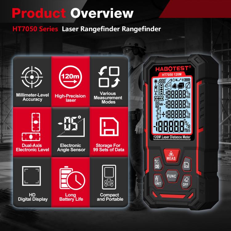 Misuratore di distanza laser con doppia livella elettronica, strumento di misurazione laser digitale ad alta precisione, HABOTEST HT7050-50M, HABOTEST HT7050-80M, HABOTEST HT7050-120M