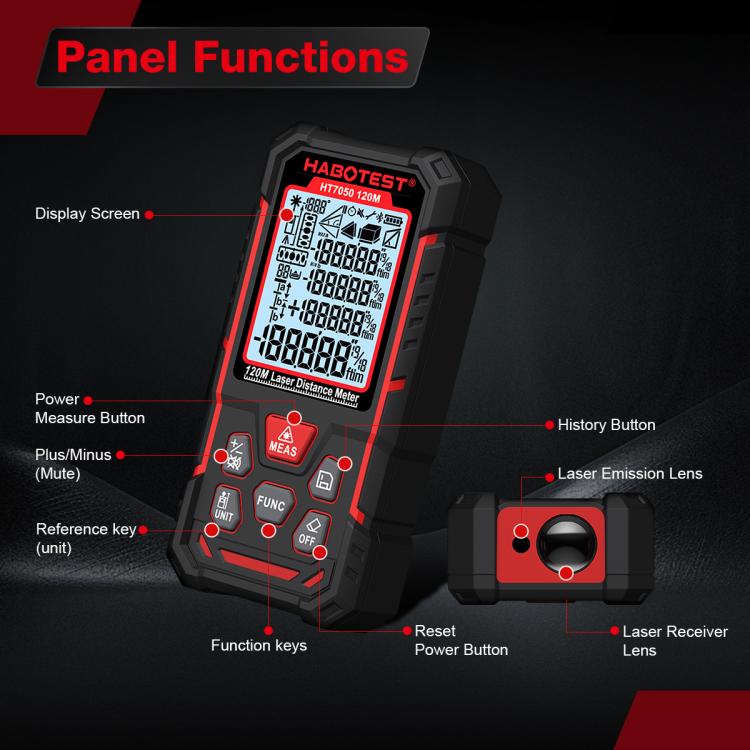 Misuratore di distanza laser con doppia livella elettronica, strumento di misurazione laser digitale ad alta precisione, HABOTEST HT7050-50M, HABOTEST HT7050-80M, HABOTEST HT7050-120M