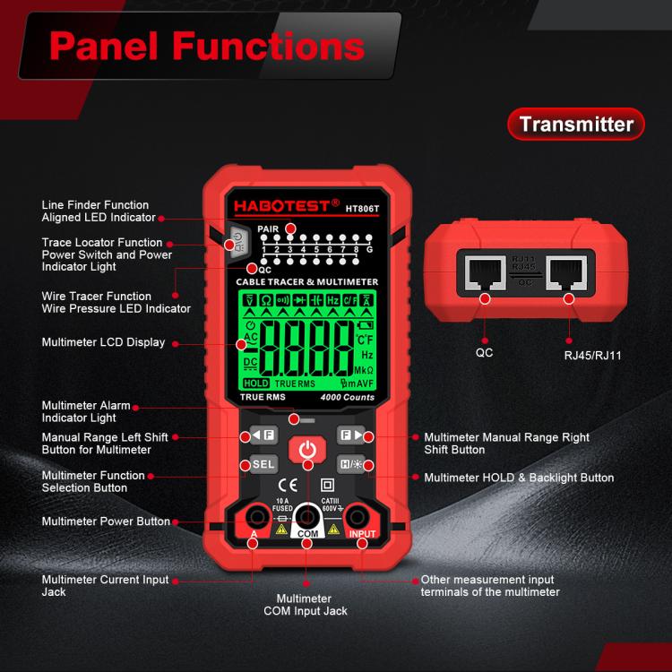 HABOTEST HT806TR Localizzatore di cavi di rete 2 in 1 e multimetro anti-interferenza