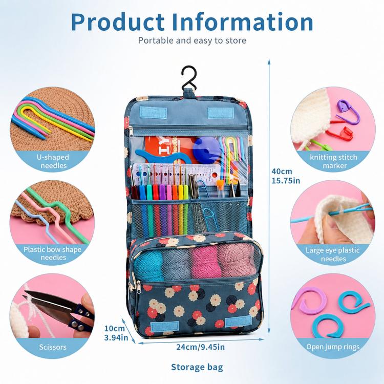 Kit per uncinetto 130 in 1 per principianti, set di uncinetti con filato in 12 colori e borsa portaoggetti da appendere., 130 In 1