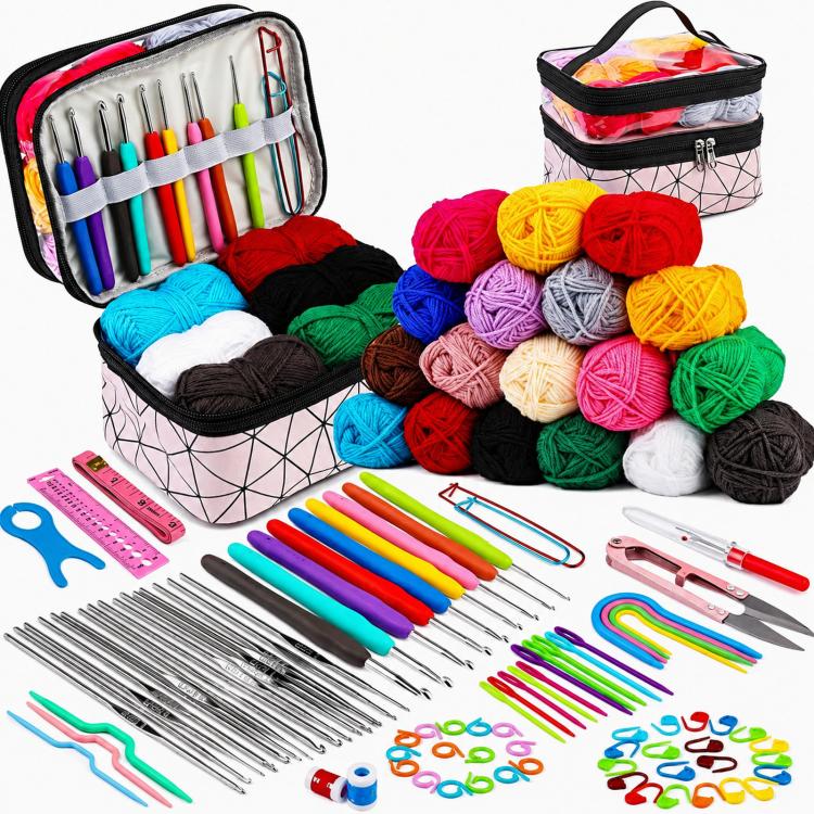 Kit per uncinetto 105 in 1 per principianti con filato in 18 colori e borsa portaoggetti a doppio strato., 105 In 1