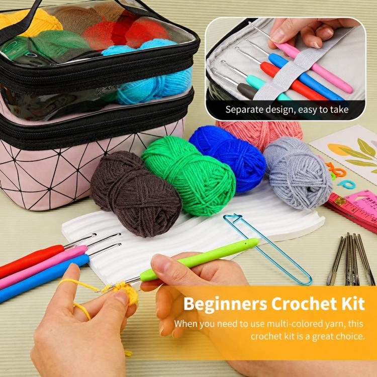 Kit per uncinetto 105 in 1 per principianti con filato in 18 colori e borsa portaoggetti a doppio strato., 105 In 1